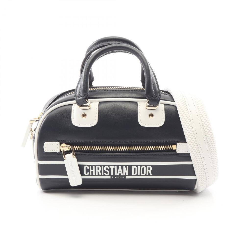 Christian Dior VIBE Bowling Bag Handbag Leather Black White